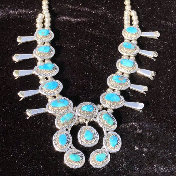 Vintage Sterling Silver Navajo Kingman Turquoise Squash Blossom Necklace Jewelry - Picture 5 of 16